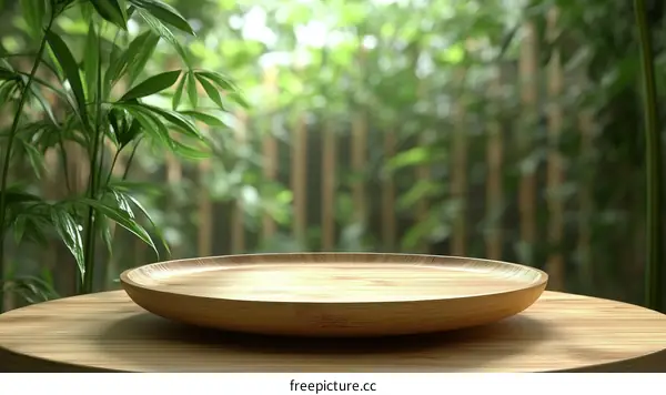 Empty Wooden Plate on a Wooden Table with Blurred Green Background