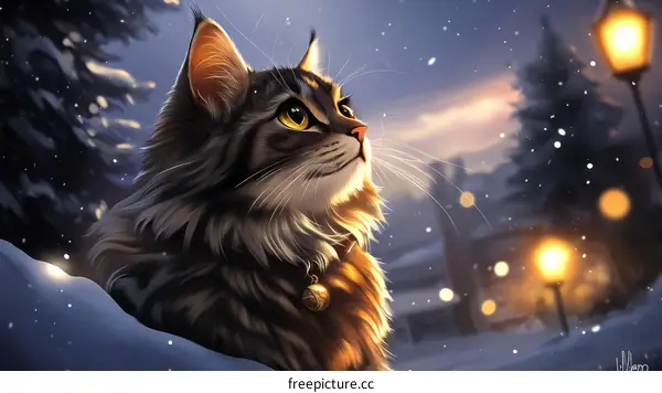 Winter Cat Illustration in Snowy Landscape