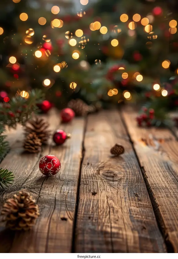 Rustic Christmas Tabletop with Red Ornaments and Pine Cones