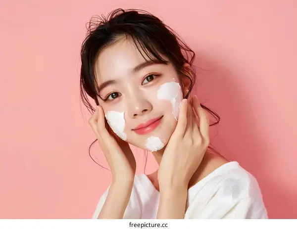 Smiling Asian Woman Applying Face Mask on Pink Background