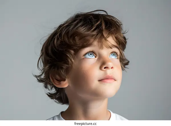 Portrait of a boy with blue eyes looking up