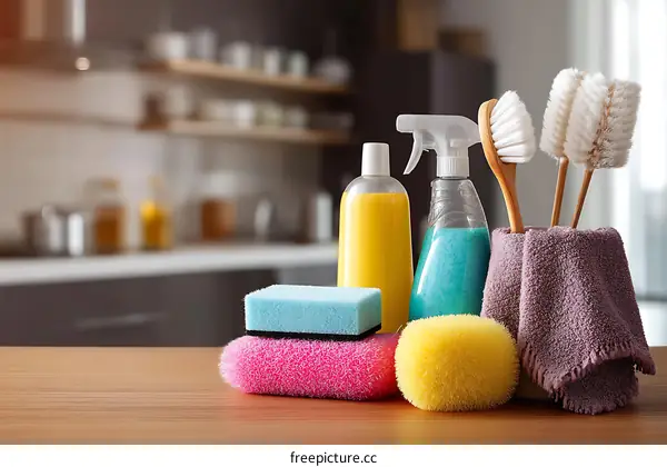 Kitchen Cleaning Supplies and Utensils on Wooden Table