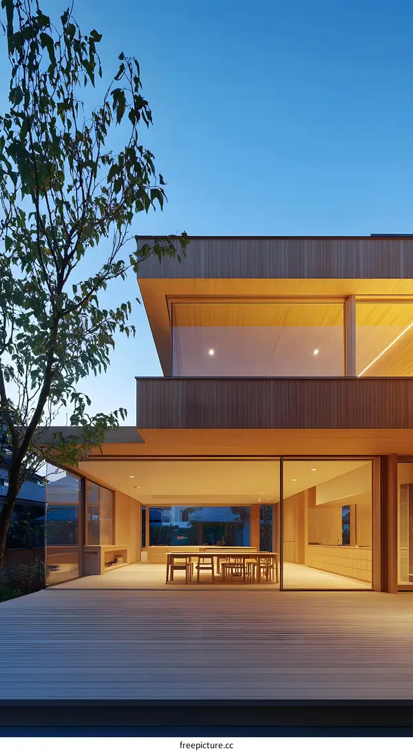 Modern Wooden House with Large Windows and Deck