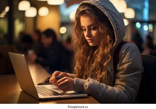 Young woman using laptop in cafe