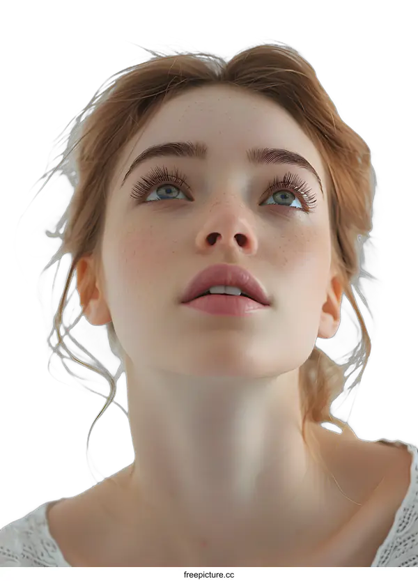 [Transparent Background PNG]Portrait of a Young Woman with Freckles Looking Up