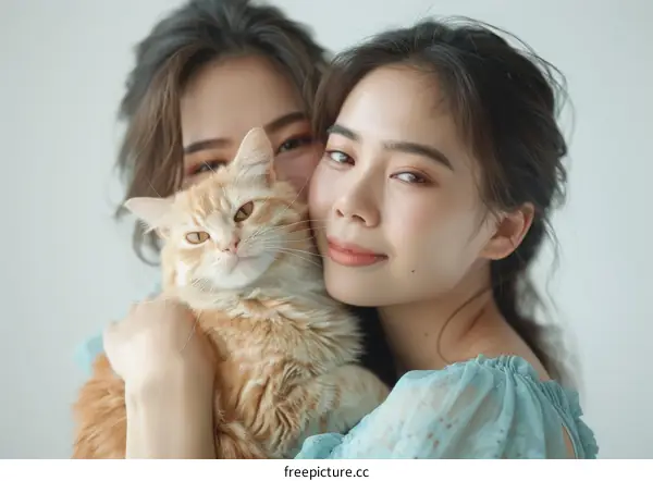 Two Asian women with a ginger cat