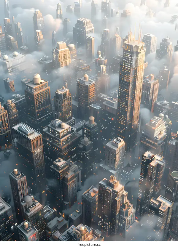 A birds eye view of a city above the clouds