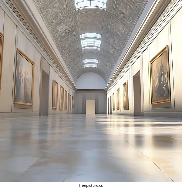 Empty Art Gallery Corridor With Paintings on the Walls
