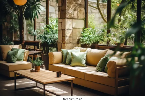 Bright sunlit living room with large windows and plants