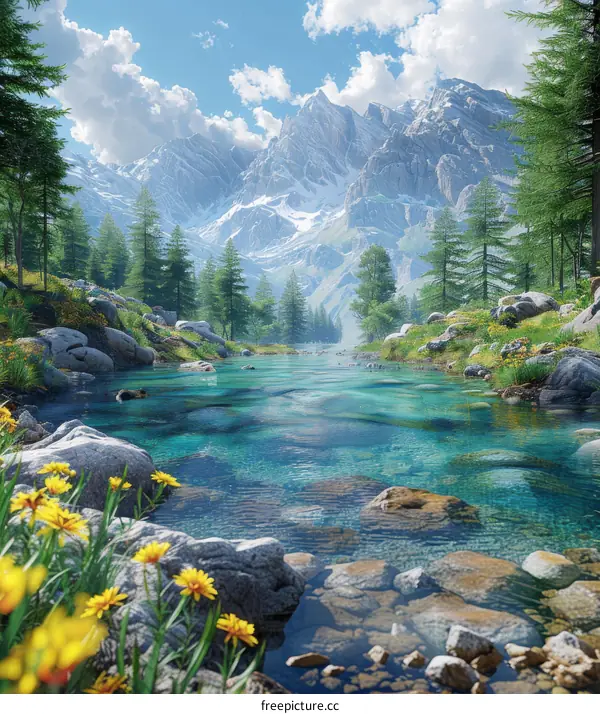 Snow-capped Mountains Reflecting in a Tranquil River Valley