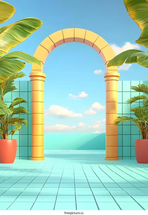Minimalist Summer Archway with Palm Trees and Blue Sky