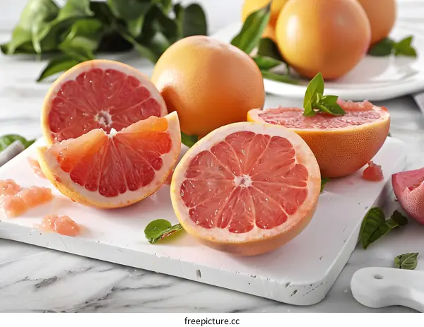 Fresh Grapefruit Slices on White Cutting Board