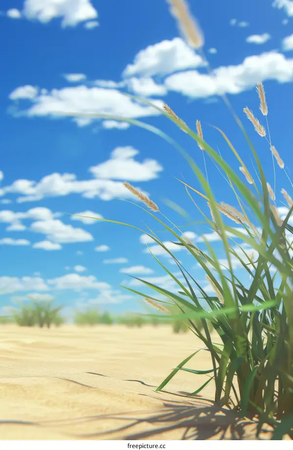 Green grass field with blue sky and white clouds background