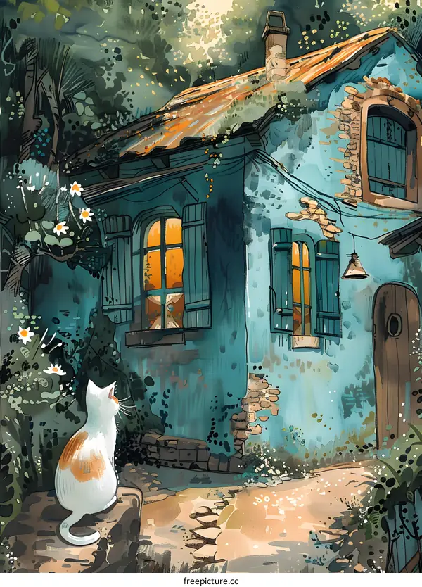 Cat Watching a Blue House at Night