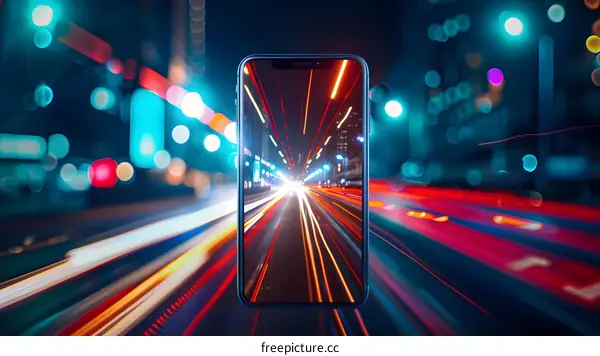 Smartphone screen with blurry city lights at night
