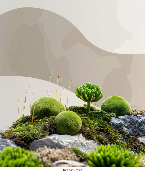 Green Moss and Succulents on Rocks with a Beige Abstract Background