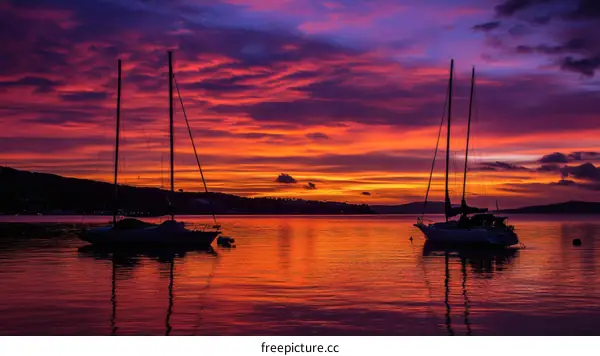 Vibrant Sunset Over Calm Waters with Sailboats