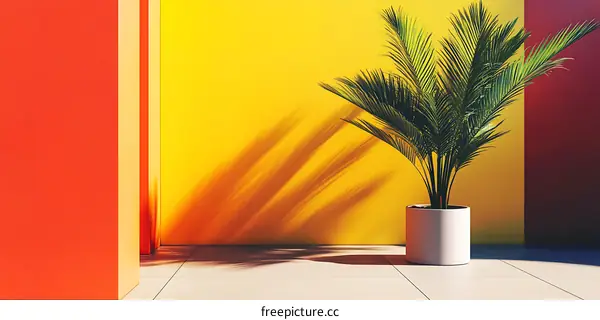 Minimalist Tropical Interior Design With Palm Tree And Yellow Wall