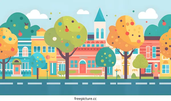 Colorful Illustration of a Cityscape with Trees and Buildings