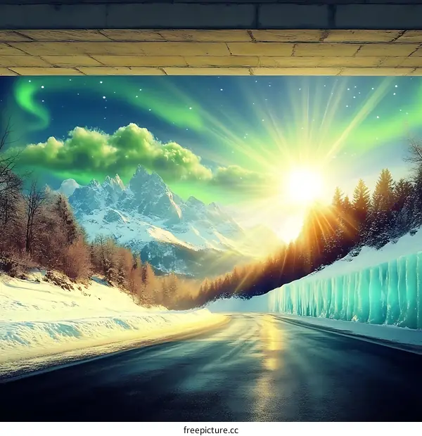 Snowy Mountain Road with Aurora Borealis
