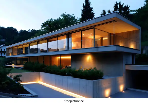 Modern Concrete House with Large Windows and Outdoor Lighting