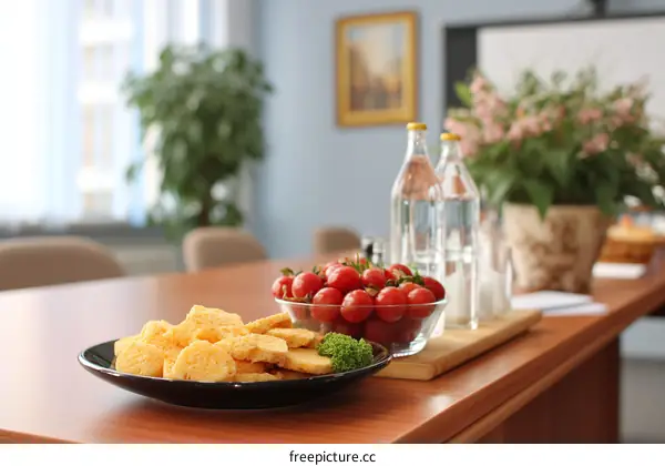 Meeting Room Table with Snacks and Drinks