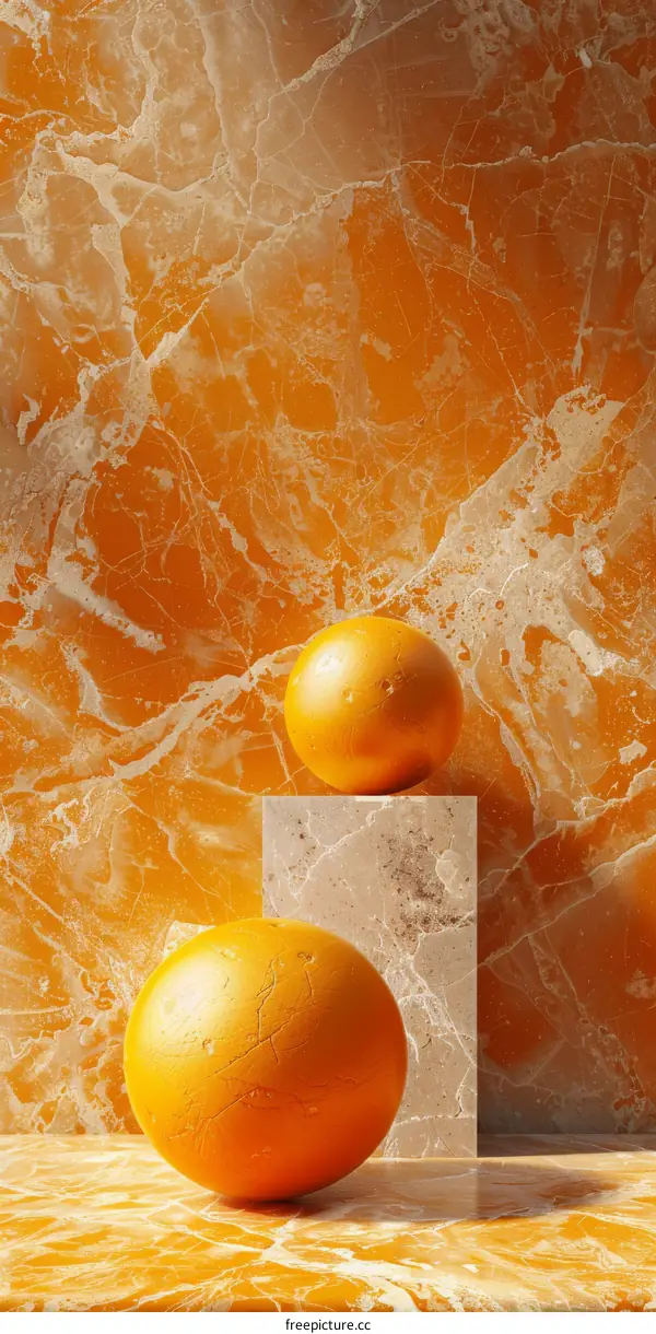 Orange Sphere Abstract Still Life on Marble Background