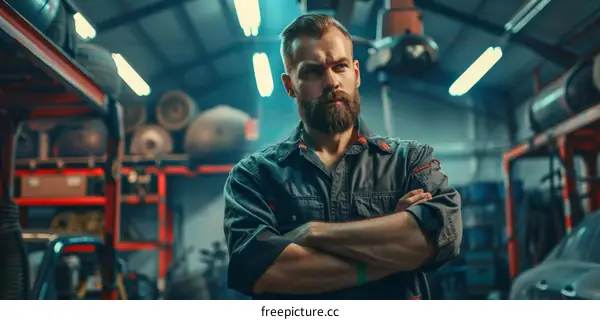 Bearded mechanic standing with arms crossed in front of an auto repair shop