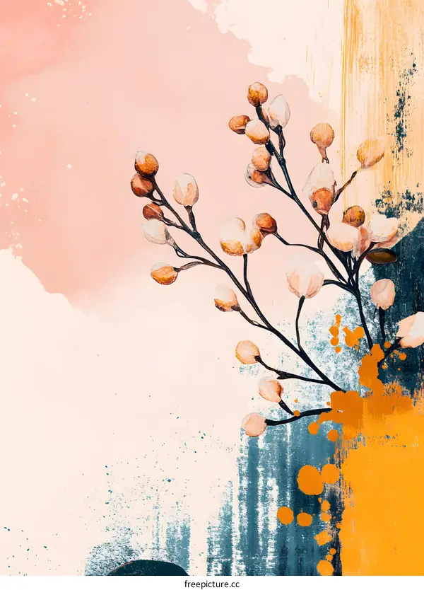Abstract Watercolor Painting with Floral Branch
