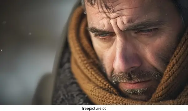 Man in a brown scarf looking down