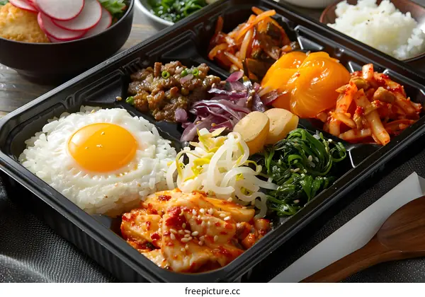 korean food in a black tray