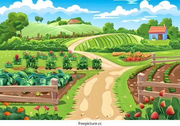 Beautiful Cartoon Illustration Of Green Countryside With Farm And Winding Dirt Road