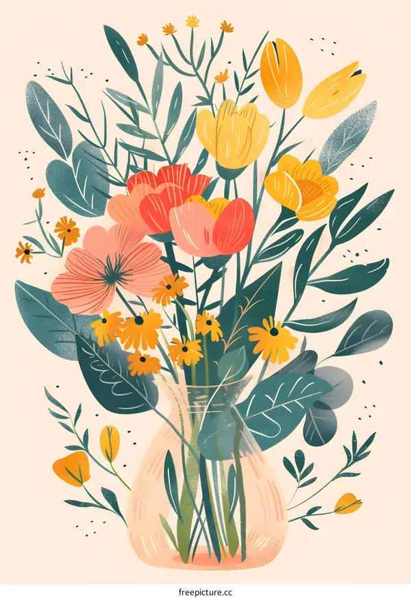 Colorful Floral Bouquet in a Glass Vase Illustration