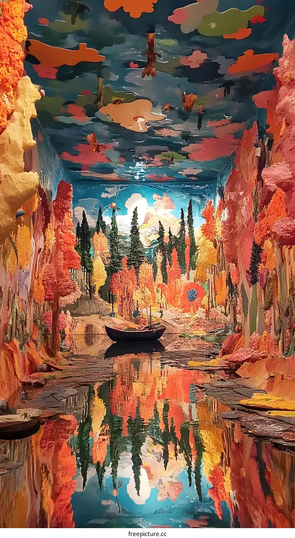 Colorful Abstract Painting of a Forest Landscape with a Boat and Reflection