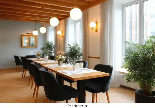 Restaurant Interior Design with Large Windows and Tables