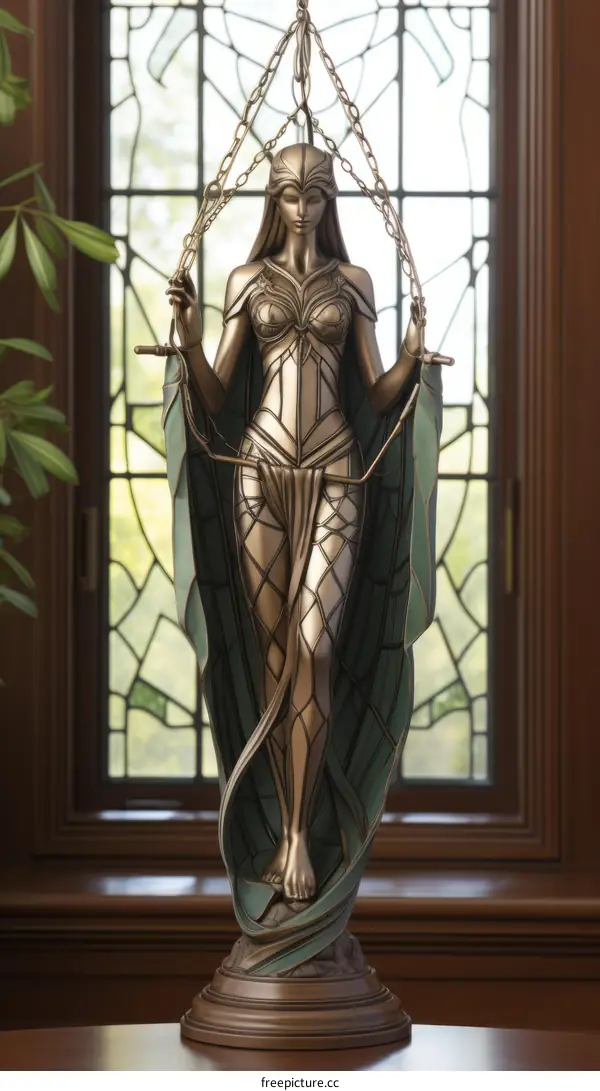 A woman in a green dress is standing in front of a stained glass window.