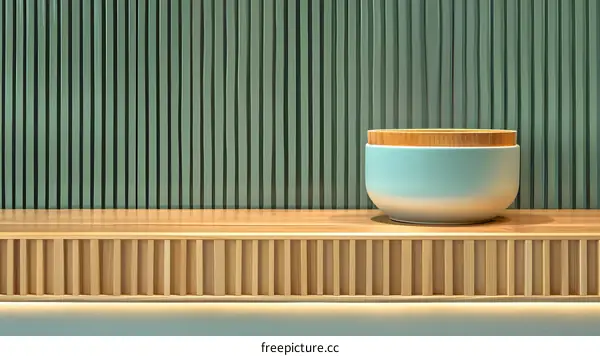 Green Wall and Wooden Shelf with a Blue Bowl