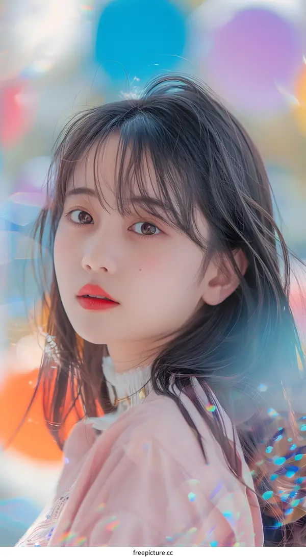 Young Asian Woman With Long Dark Hair Posing in a Pink Jacket