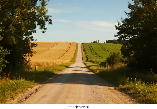 A Scenic Road Leading Through Vibrant Agricultural Fields