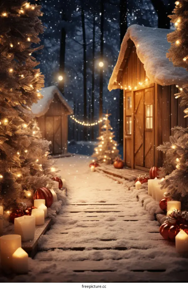 Snowy Christmas Village With Decorated Trees And Cabins