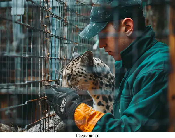 zoo worker pets a snow leopard through the cage