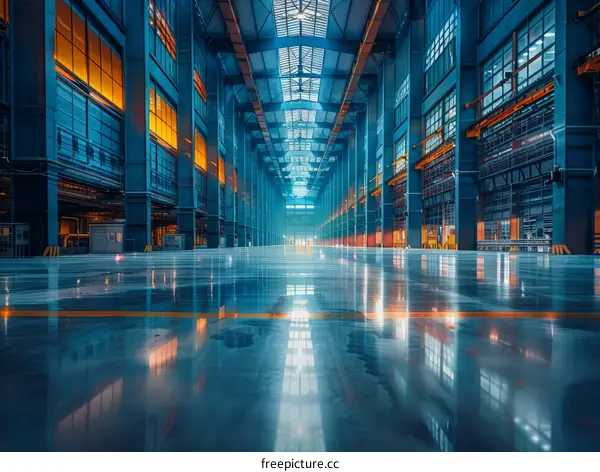 Futuristic factory interior with blue and orange lights