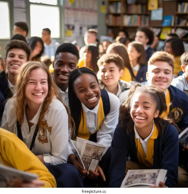 A group of smiling teenagers sit in a library.