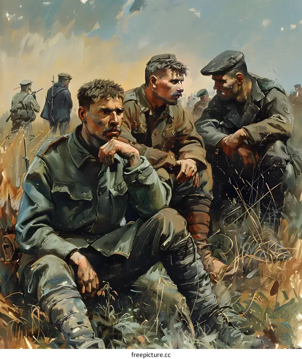 Three soldiers are sitting on the grass discussing something