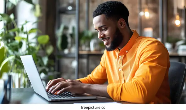 Smiling African American Man Working on Laptop in Office