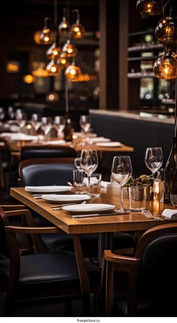 Elegant restaurant interior with wooden tables and chairs, and wine glasses on the tables