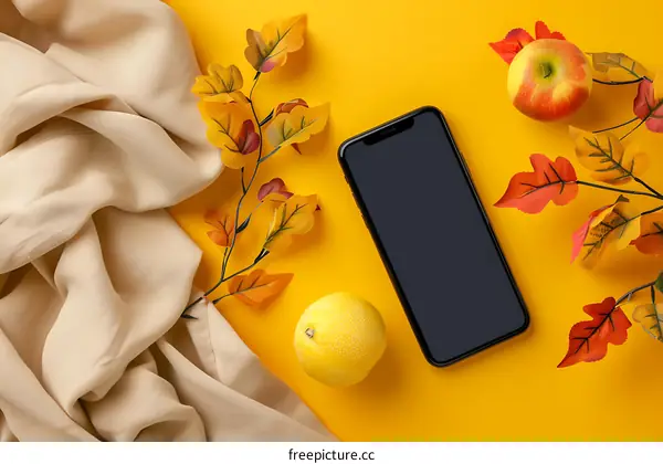 Autumn Flat Lay with Phone, Leaves and Fruit