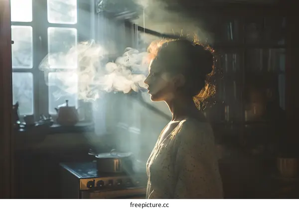woman smoking in the kitchen
