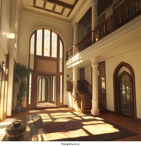 Sunlight Shining Through the Windows of an Ornate Mansion Foyer