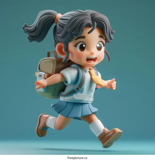 Cheerful Japanese school girl running to school with a bag
